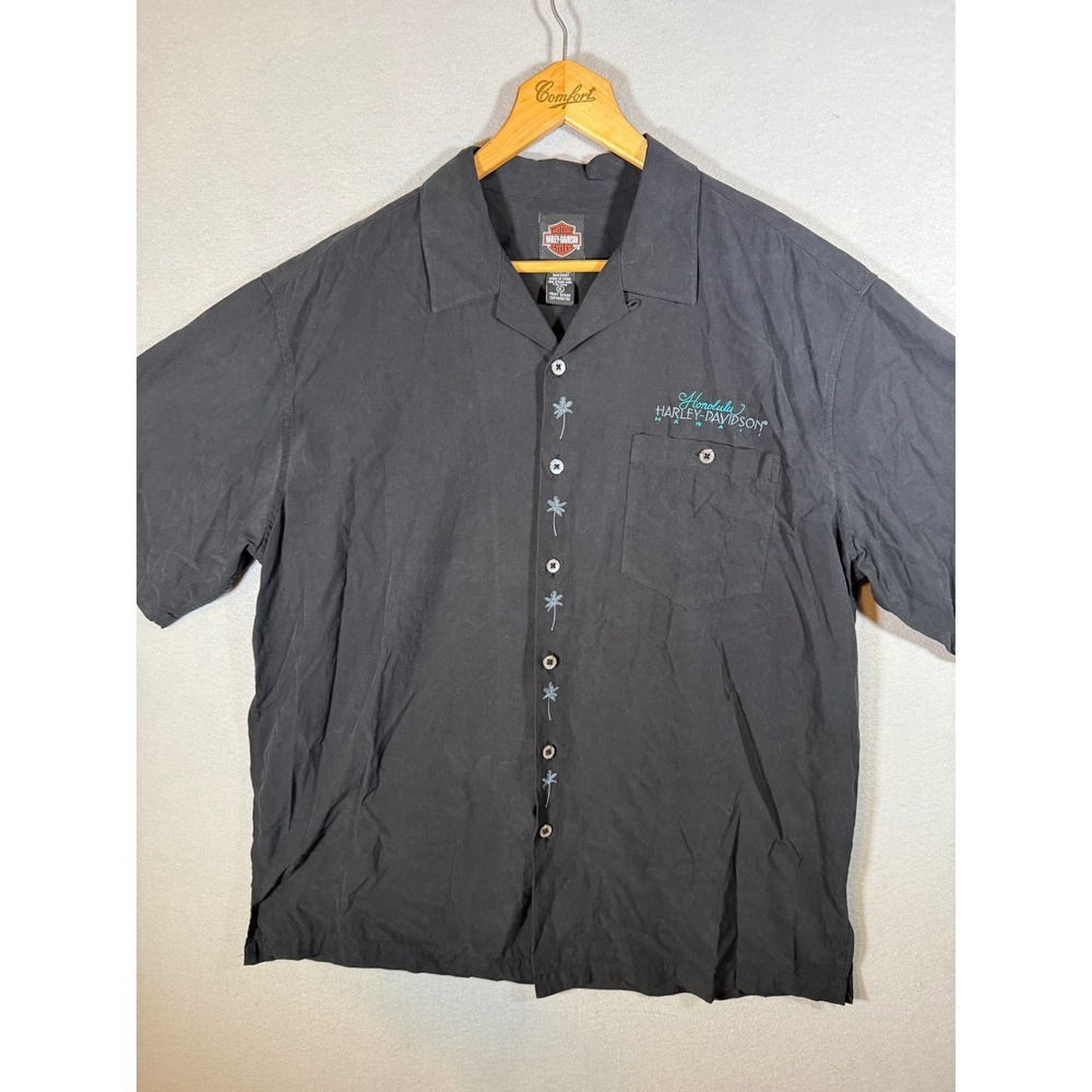 Harley-Davidson Honolulu Hawaii Silk Blend Embroidered Hula Girl Shirt XL Black
